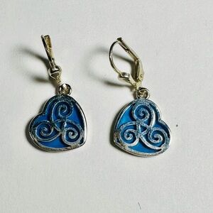 Blue Silver Heart Dangle Earrings with Intricate Design
